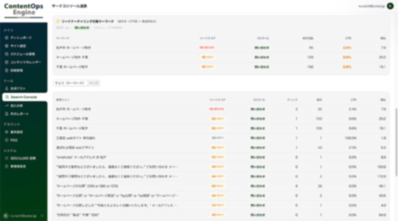 Google Search Console連携による検索データ分析画面