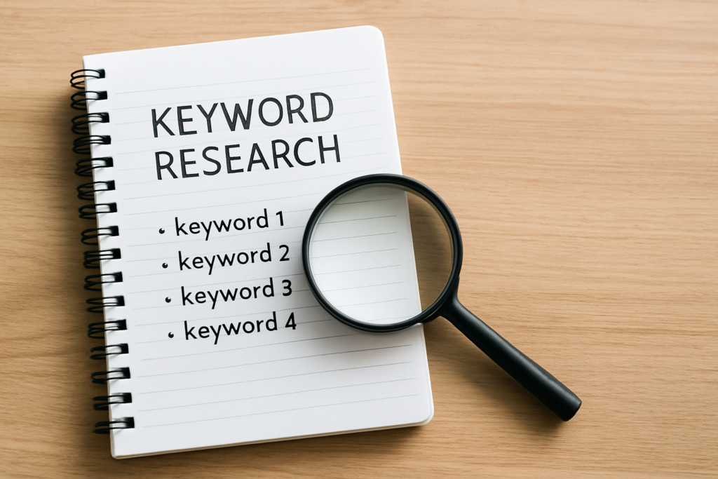 キーワード選定 手順 - notebook with keyword research notes